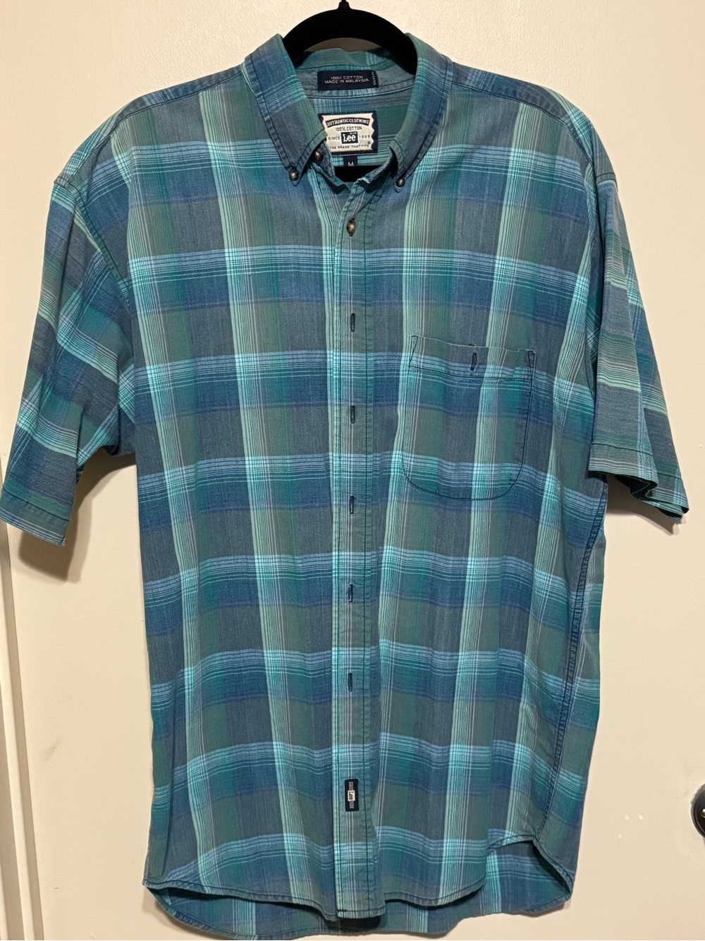 Lee Vintage 100% Men's Short-Sleeve Plaid Button-Down Shirt in Teal/Blue